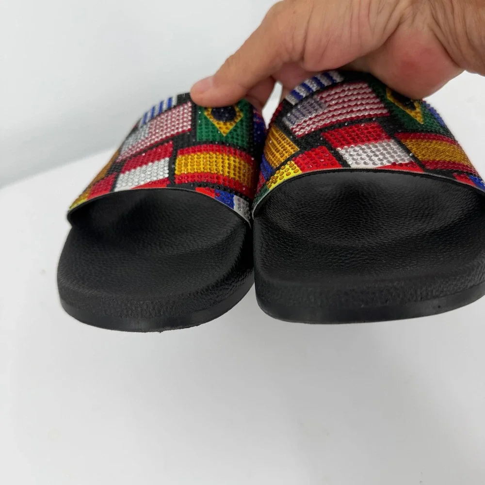 INC International Concepts World Flag Rhinestone Slide Sandals Black Womens 7